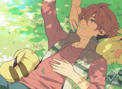 2boys ahoge bad_id bad_pixiv_id brown_hair brown_vest camera commentary_request creatures_(company) day game_freak gen_1_pokemon grass leaf lying male_focus multiple_boys new_pokemon_snap nintendo on_back one_eye_closed open_clothes open_vest outdoors pants parted_lips pikachu pokemon pokemon_(creature) red_shirt shirt short_hair sleeping three-quarter_sleeves smile todd_snap vest xichii
