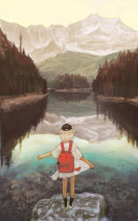Rule 34 | 1girl, absurdres, animal ears, artist name, backpack, bag, black hat, black socks, commentary, dated, day, dress, forest, from behind, hat, highres, hua ha jiazi, landscape, mountain, nature, on rock, original, outdoors, outstretched arm, red bag, reflection, reflective water, river, rock, scenery, shoes, short dress, short sleeves, sky, socks, solo, standing, symbol-only commentary, white dress, white hair, white shoes, wide shot
