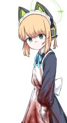 1girl absurdres animal_ear_headphones animal_ears apron aqua_bow aqua_ribbon arm_at_side back_bow black_dress blonde_hair blood blood_in_hair blood_on_clothes blood_on_face blood_on_hands bloody_clothes bloody_dress blue_archive bow cat_ear_headphones cat_ears closed_mouth collared_dress commentary contrast_collar darauk11 dot_nose dress empty_eyes fake_animal_ears from_side green_eyes green_halo hair_bow halo headphones highres korean_commentary light_smile long_sleeves looking_at_viewer maid maid_apron maid_headdress midori_(blue_archive) midori_(maid)_(blue_archive) neck_ribbon official_alternate_costume ponytail puffy_long_sleeves puffy_sleeves ribbon short_hair short_ponytail sidelocks simple_background solo split_mouth turning_head white_apron white_background white_bow white_headdress