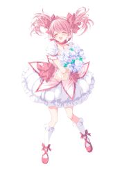 1girl bouquet bow closed_eyes dress dress_bow flower full_body hair_bow highres holding holding_bouquet kaname_madoka kaname_madoka_(magical_girl) mahou_shoujo_madoka_magica mahou_shoujo_madoka_magica_(anime) misteor multiple_hair_bows open_mouth pink_bow pink_dress pink_hair pink_shoes puffy_short_sleeves puffy_sleeves purple_flower red_bow shoes short_sleeves simple_background smile socks solo twintails white_background white_dress white_flower white_socks