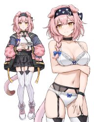 1girl absurdres animal_ears arknights black_skirt bow bow_panties bra braid breasts cat_ears cat_girl cat_tail garter_belt goldenglow_(arknights) gongbangmanchi_(daisy_cutter) green_eyes hair_ornament hair_over_shoulder hairband hairclip highres jacket looking_at_viewer medium_breasts medium_hair midriff multiple_views nervous open_clothes open_jacket panties pink_hair purple_bow shoes sidelocks simple_background skirt sneakers tail thighhighs underwear white_background white_bra white_panties white_thighhighs