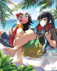 2boys alternate_costume aqua_eyes aqua_hair barefoot beach black_hair black_shirt black_shorts closed_mouth feet flower food gradient_hair green_shorts hana_ni_nare highres holding holding_food holding_instrument holding_popsicle instrument kimetsu_no_yaiba kotetsu_(kimetsu_no_yaiba) long_hair male_focus mask mask_on_head multicolored_hair multicolored_shorts multiple_boys net ocean popsicle red_shirt shirt shorts smile toes tokitou_muichirou two-tone_hair ukulele yellow_shorts