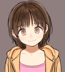 1girl bad_id bad_twitter_id brown_eyes brown_hair camisole commentary_request grey_background hood hoodie looking_at_viewer open_clothes open_hoodie original pink_camisole rustle short_hair simple_background sketch smile solo upper_body