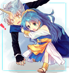 ! 1boy 1girl anklet black_gloves black_shirt blue_coat blue_dress blue_hair blue_shirt bracelet child clothes_grab coat coat_grab commentary_request demon_boy demon_servant dress feet fingerless_gloves gloves green_eyes height_difference horns jewelry kuroda_(kuro_yyy) long_hair madou_monogatari madou_monogatari_ars off-shoulder_dress off_shoulder open_mouth pointy_ears puyopuyo rulue_(puyopuyo) sandals sash shirt short_hair single_horn sleeveless sleeveless_coat small_sweatdrop standing surprised toes v-shaped_eyebrows very_long_hair white_dress yellow_eyes yellow_sash