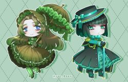 Rule 34 | 2girls, :&lt;, adapted costume, aqua bow, aqua bowtie, aqua dress, aqua eyes, aqua hair, black gloves, black hair, black pantyhose, blind obsession (e.g.o), blue brooch, blue eyes, bob cut, bonnet, bow, bowtie, brown bonnet, brown dress, brown hair, brown shoes, brown umbrella, cane, chibi, dress, e.g.o (project moon), effervescent corrosion (e.g.o), frilled dress, frills, full body, gem, gloves, gradient hair, green background, green bow, green bowtie, green hair, green pantyhose, green ribbon, grey hat, grey shoes, hat, holding, holding cane, holding umbrella, limbus company, long hair, long sleeves, looking at viewer, multicolored hair, multiple girls, pantyhose, parted bangs, pearl (gemstone), project moon, ribbon, rodion (project moon), ryoshu (project moon), shoes, short hair, simple background, standing, umbrella, yue doux