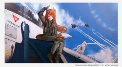 1girl aircraft airplane animal_ears arm_up blue_sky blush boots border brown_hair cloud commission contrail day english_text f-14_tomcat fighter_jet fox_ears fox_girl fox_tail gloves highres holo long_hair looking_at_viewer military military_uniform military_vehicle mobius_(mobiusu14) orange_hair outdoors pouch purple_eyes red_eyes salute science_fiction sitting sky smile solo spice_and_wolf tail white_border wolf_girl wolf_tail