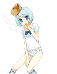 1girl bisuke-tan blue_panties bottomless female_focus kfc no_pants object_on_head panties solo striped_clothes striped_panties underwear usashiro_mani