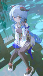 Rule 34 | 1girl, absurdres, ahoge, bare shoulders, bell, black gloves, black pantyhose, blue hair, bodystocking, closed mouth, coria, detached sleeves, dress, full body, ganyu (genshin impact), genshin impact, gloves, goat horns, hair between eyes, hand up, highres, horns, long hair, long sleeves, looking at viewer, neck bell, pantyhose, shoes, sitting, smile, solo, white dress, white shoes
