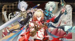3boys abs anaxa_(honkai:_star_rail) antenna_hair aqua_hair armor armored_gloves black_choker black_coat black_jacket blonde_hair braid cape choker coat collared_coat crystal earrings eyepatch gold_armlet gold_earrings gold_necklace gold_trim gradient_hair gun hair_intakes hair_over_shoulder hand_tattoo highres holding holding_gun holding_sword holding_weapon honkai:_star_rail honkai_(series) jacket jewelry long_hair long_sleeves low_ponytail male_focus medium_hair multicolored_hair multiple_boys mydei_(honkai:_star_rail) navel necklace open_clothes open_coat pauldrons phainon_(honkai:_star_rail) ponytail red_cape red_hair shidare_(youh4016) shirt short_hair shoulder_armor side_braid single_pauldron sword tattoo toned toned_male vambraces watermark weapon weibo_watermark white_coat white_shirt yellow_eyes