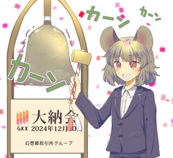1girl animal_ears bell black_suit business_suit buttons collared_shirt formal_clothes grey_hair highres long_sleeves mallet mouse_ears nayozane_(worker7) nazrin open_mouth red_eyes shirt short_hair standing suit touhou upper_body