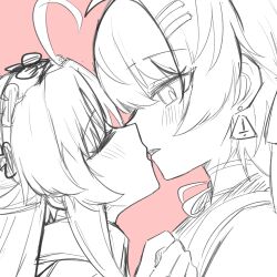 2girls ahoge blush carlotta_(wuthering_waves) closed_eyes commentary_request earrings female_rover_(wuthering_waves) from_side greyscale_with_colored_background hairband highres imminent_kiss jewelry looking_at_another multiple_girls parted_lips pink_background portrait rover_(wuthering_waves) sketch starblame triangle_earrings wuthering_waves yuri