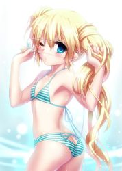10s 1girl ass ass_cutout bikini blonde_hair blue_eyes blush butt_crack clothing_cutout collarbone eyepatch eyepatch_pull female_focus flat_chest hand_in_own_hair long_hair nakatsu_shizuru one_eye_closed parted_lips rewrite solo striped_bikini striped_clothes swimsuit twintails very_long_hair zen