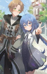 1boy 1girl ahoge black_gloves blue_eyes blue_hair blush braid closed_mouth commentary_request crossed_bangs day dress gloves grabbing_another&#039;s_arm grey_robe hair_between_eyes hetero highres long_braid long_hair long_sleeves looking_at_another looking_at_viewer mushoku_tensei nakami_chihiro outdoors parted_bangs robe roxy_migurdia rudeus_greyrat short_hair standing twin_braids v very_long_hair