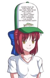 1girl :3 alternate_costume blue_bow bow fish hair_bow hat highres kohaku_(tsukihime) looking_at_viewer meme red_hair ribbon saishuumusou shirt short_hair short_sleeves simple_background solo tsukihime white_background white_shirt women_want_me_fish_fear_me_(meme) yellow_eyes
