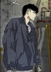 1boy black_hair black_sweater closed_mouth gloves grey_eyes grey_gloves grey_pants jo_ja-hyun long_hair mullet pants shirt solo sweater white_shirt wind_breaker