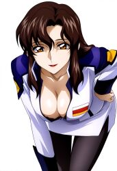 Rule 34 | 1girl, bent over, breasts, brown hair, gundam, gundam seed, gundam seed destiny, highres, large breasts, lips, looking at viewer, murrue ramius, red lips, uniform