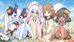 4girls ahoge animal_ears arum_(world_flipper) barefoot black_hair blue_eyes blue_skin blue_sky blunt_bangs blurry blurry_foreground bright_pupils brown_hair brown_skirt cat_ears collarbone colored_skin couette_(world_flipper) dark-skinned_female dark_skin drawstring fang fi_nonoa_(world_flipper) field flower flower_field highres horns long_sleeves multiple_girls mwm5 outdoors panties piamo_(world_flipper) pleated_skirt red_eyes shirt sitting skin_fang skirt sky slit_pupils striped_clothes striped_panties twintails underwear white_hair white_pupils white_shirt world_flipper