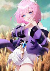 1girl :d absurdres bare_shoulders blue_eyes blue_sky cloud commentary cowboy_shot cyrene_(honkai:_star_rail) day dress fuzuki_(fuzuki_kizufu) head_tilt highres honkai:_star_rail honkai_(series) long_sleeves looking_at_viewer off_shoulder open_mouth outdoors pink_hair short_hair sky smile solo standing white_dress