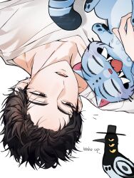 Rule 34 | 1boy, bird, black hair, black hat, blue fur, brown eyes, collarbone, colored sclera, commentary, derpy (kpop demon hunters), extra eyes, hashtag-only commentary, hat, highres, jinu (kpop demon hunters), kpop demon hunters, lower teeth only, lying, male focus, nyugi0v0, on back, open mouth, shirt, short hair, smile, sussie (kpop demon hunters), teeth, tiger, tongue, tongue out, tusks, upside-down, v-neck, white background, white shirt, yellow sclera