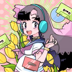 Rule 34 | 1girl, black hair, blue sailor collar, bracelet, cassette player, cassette tape, cd, commentary request, eyelashes, floral background, flower, from side, fujishima moyu, gold bracelet, headphones, jewelry, listening to music, long hair, looking at viewer, musical note necklace, neckerchief, open mouth, original, pink neckerchief, pink veil, polka dot, polka dot background, purple eyes, sailor collar, school uniform, shirt, solo, tulip, veil, very long hair, white shirt, yellow flower, yellow tulip