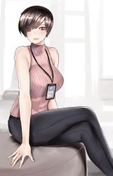 Rule 34 | 1girl, absurdres, arm support, arms at sides, bare arms, bare shoulders, black pants, breasts, brown hair, commentary, crossed legs, cushion, english commentary, eyes visible through hair, feet out of frame, female focus, hair over one eye, highres, id card, indoors, large breasts, lips, looking at viewer, norman maggot, office lady, olive laurentia, original, pants, parted lips, pink sweater, pixie cut, red eyes, ribbed sweater, short hair, sitting, sketch, sleeveless, sleeveless sweater, smile, solo, sweater, tight clothes, tight pants, turtleneck, turtleneck sweater