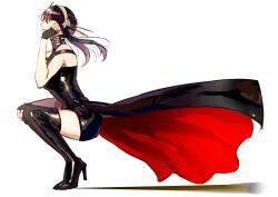Rule 34 | 1girl, bare arms, bare shoulders, black boots, black dress, black gloves, black hair, boots, dashimakick, dress, fingerless gloves, floating clothes, floating hair, from side, gloves, hair between eyes, hair bun, hairband, hand on own cheek, hand on own face, hand on own knee, high heel boots, high heels, long dress, long hair, looking to the side, mature female, parted lips, profile, red eyes, sidelocks, simple background, solo, spy x family, squatting, thigh boots, thighhighs, thighs, white background, yor briar, zettai ryouiki