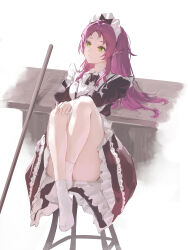 1girl absurdres aisha_greyrat apron bar_stool black_bow black_bowtie black_dress bow bowtie closed_mouth counter dress full_body green_eyes highres knees_up long_dress long_hair maid maid_apron maid_headdress mushoku_tensei on_stool parted_lips purple_hair ronuma sitting socks solo stool thighs upskirt white_apron white_headdress white_socks