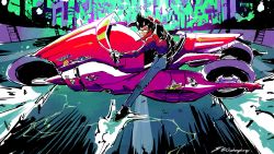 1boy 4th_chaos_emerald akira_(manga) akira_slide black_hair city commentary crossover denim english_commentary glasses highres jacket jeans kaneda_shoutarou&#039;s_bike male_focus motor_vehicle motorcycle no_more_heroes pants parody pompadour red_jacket sliding smirk solo travis_touchdown twitter_username