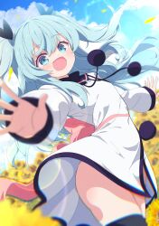 1girl :d absurdres aqua_hair back_bow black_ribbon black_thighhighs blue_eyes blue_hair blue_sky blurry blurry_foreground blush bow breasts chromatic_aberration cloud commission cowboy_shot day depth_of_field dot_nose dress field flower flower_field hair_between_eyes hair_ornament hair_ribbon highres lens_flare long_hair long_sleeves looking_at_viewer no_panties noel_(sora_no_method) open_mouth outdoors outstretched_arms petals pink_bow pom_pom_(clothes) pom_pom_hair_ornament ribbon shiro9jira skeb_commission sky small_breasts smile solo sora_no_method standing sunflower sunflower_field thighhighs two_side_up white_dress yellow_flower