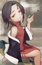1girl absurdres bare_shoulders black_hair china_dress chinese_clothes claws commentary_request dress earrings eyeliner flat_chest grey_eyes highres holding holding_smoking_pipe jacket jewelry kiseru lacker_strike_(akkira_setsu) looking_at_viewer makeup monster off_shoulder open_clothes open_jacket original red_dress short_hair sitting smoke smoking smoking_pipe