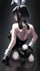 1girl absurdres ago_(owenanaken) animal_ears ass back bare_arms bare_back bare_shoulders black_choker black_gloves black_hair black_leotard black_pantyhose blush breasts choker closed_mouth commentary cowboy_shot embarrassed fake_animal_ears fake_tail from_behind gloves gradient_background hand_on_own_hip highleg highleg_leotard highres large_breasts legs_apart leotard long_bangs long_hair looking_at_viewer looking_back pantyhose playboy_bunny rabbit_tail red_eyes revision shiny_clothes sideboob simple_background solo spy_x_family strapless strapless_leotard tail thighs wrist_cuffs yor_briar
