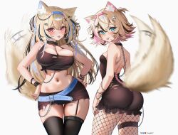 2girls :3 absurdres afterimage alternate_costume animal_ear_fluff animal_ears ass backless_dress backless_outfit bare_shoulders belt black_choker black_dress black_hair black_skirt black_tank_top black_thighhighs blonde_hair blue_belt blue_eyes blue_hair blush breasts chain choker cleavage collarbone commentary cowboy_shot crop_top cross-laced_clothes cross-laced_dress crossed_bangs dog_ears dog_girl dog_tail dress english_commentary eyelashes fishnet_pantyhose fishnets frilled_dress frills from_behind fuwawa_abyssgard garter_straps goth_fashion hair_ornament hairband hands_on_own_hips highres hololive hololive_english large_breasts long_hair looking_at_viewer looking_back median_furrow miniskirt mococo_abyssgard multicolored_hair multiple_girls navel paid_reward_available pantyhose pink_eyes pink_hair rosebell short_dress short_hair shoulder_blades siblings signature simple_background sisters skirt skull_hair_ornament small_breasts spiked_hairband spikes stomach streaked_hair tail tail_wagging tank_top thigh_strap thighhighs thighs tongue tongue_out torn_clothes torn_dress twins two_side_up virtual_youtuber white_background x_hair_ornament