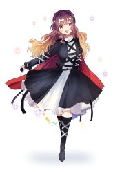 Rule 34 | 1girl, :d, absurdres, black boots, black dress, blonde hair, boots, dress, full body, gradient hair, highres, hijiri byakuren, layered clothes, layered dress, long hair, long sleeves, mitsusame, multicolored hair, open mouth, purple hair, simple background, smile, solo, sorcerer&#039;s sutra scroll, sparkle, thigh boots, touhou, very long hair, white background, white dress, yellow eyes