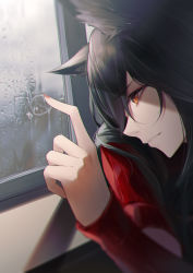 1girl absurdres animal_ears arknights black_hair cameo close-up exusiai_(arknights) hand_up highres jiusan_naitang long_sleeves portrait rain red_sweater solo sweater texas_(arknights) window wolf_ears wolf_girl yellow_eyes