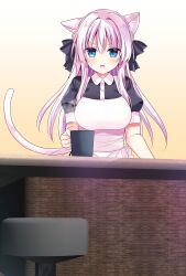 1girl animal_ears apron black_bow black_dress blue_eyes blush bow breasts brown_background cat_ears cat_girl cat_tail collared_dress cup dress gradient_background grey_hair hair_between_eyes hair_bow hair_intakes highres holding holding_cup large_breasts long_hair looking_at_viewer motion_lines mug open_mouth original puffy_short_sleeves puffy_sleeves shiwasu_horio short_sleeves solo speed_lines stool sweat tail v-shaped_eyebrows very_long_hair white_apron white_background