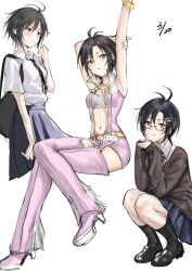 1girl absurdres aburi-gatana antenna_hair armpits arms_up backpack bag bandeau belt bespectacled black_bow black_bowtie black_hair black_necktie black_shoes black_socks blue_skirt blush bow bowtie breasts brown_sweater closed_mouth collared_shirt commentary cropped_legs dated full_body glasses grey_bandeau hair_ornament hairclip high_heels highres idolmaster idolmaster_(classic) idolmaster_2 kikuchi_makoto long_sleeves looking_at_viewer luxury_(idolmaster) multiple_views navel necktie parted_lips pink_diamond_765_(idolmaster) pink_shoes pleated_skirt popped_collar purple_eyes school_uniform shirt shoes short_hair short_sleeves simple_background sitting skirt sleeveless smile socks squatting sweater white_background white_shirt