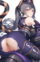 1girl ass ass_focus back biker_clothes bikesuit black_bodysuit black_hair bodysuit breasts cat_mask duel_monster fake_tail gloves highres i:p_masquerena large_breasts long_hair looking_at_viewer looking_back mask motor_vehicle motorcycle on_motorcycle pants purple_eyes purple_gloves purple_pants pussy_juice racing_suit sidelocks simple_background smile snm_(sunimi) solo tail tight_clothes tight_pants torn_clothes torn_pants twintails vaginal yu-gi-oh!