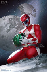 1boy belt bodysuit boom!_studios broken_moon comic_cover dino_buckler dragon_ranger gloves green_bodysuit helmet highres holding holding_helmet in-hyuk_lee lord_drakkon mask mighty_morphin_green_ranger mighty_morphin_power_rangers mighty_morphin_red_ranger moon official_art power_rangers power_rangers_(boom!_studios) realistic red_bodysuit rocky_desantos saban_entertainment space super_sentai tokusatsu tyranno_ranger weapon western_comics_(style)