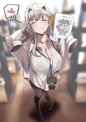 1girl bandaged_head bandages blurry blurry_background breasts character_doll cleavage closed_eyes collarbone eating foreshortening goddess_of_victory:_nikke grey_hair heart highres holding holding_skewer hyotenka_ichido large_breasts long_hair modernia_(first_affection)_(nikke) modernia_(nikke) oversized_clothes ribbon see-through_clothes see-through_shirt shirt single_hair_intake skewer smile snow_white_(nikke) speech_bubble visor_lift white_hair white_shirt yellow_ribbon