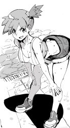 1girl :d ass bare_shoulders bent_over breasts butt_crack cleavage collarbone covered_erect_nipples crop_top denim denim_shorts dimples_of_venus hands_on_own_knees hiro_(user_negm3832) large_breasts leaning_forward legs_apart looking_at_viewer midriff misty_(pokemon) nintendo open_mouth outdoors pokemon pokemon_lgpe ponytail shirt shoes short_hair short_shorts shorts side_ponytail sleeveless sleeveless_shirt smile sneakers solo standing sweat talking tank_top thighs water wet