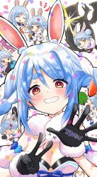 Rule 34 | &gt; &lt;, 2girls, :d, anger vein, animal, animal ear fluff, animal ears, black gloves, black leotard, blue hair, blush, braid, breasts, brown eyes, brown pantyhose, carrot hair ornament, cellphone, chibi, closed eyes, commentary request, confetti, copyright request, don-chan (usada pekora), dragon, dress, food-themed hair ornament, fur-trimmed dress, fur-trimmed gloves, fur trim, gloves, grin, hair ornament, heart, highres, holding, holding phone, hololive, kiritoma, leotard, looking at viewer, milestone celebration, multicolored hair, multiple girls, multiple views, open mouth, pantyhose, party popper, pekomama, pekomon (usada pekora), phone, rabbit-shaped pupils, rabbit ears, short eyebrows, small breasts, smile, strapless, strapless dress, strapless leotard, suika game, symbol-shaped pupils, thick eyebrows, twin braids, twintails, two-tone hair, usada pekora, usada pekora (1st costume), virtual youtuber, white dress, white hair, xd