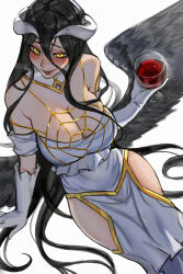 1girl absurdres albedo_(overlord) alcohol bare_shoulders black_hair black_wings blixadon blush breasts breath cleavage clothing_cutout cup demon_girl demon_horns dress drinking_glass feathered_wings from_above gloves glowing glowing_eyes hair_between_eyes heavy_breathing highres horns large_breasts long_hair long_hair_between_eyes looking_at_viewer low_wings lower_teeth_only open_mouth overlord_(maruyama) red_wine simple_background sitting slit_pupils solo teeth thigh_cutout very_long_hair white_background white_dress white_gloves wine wine_glass wings yellow_eyes