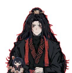 1boy black_hair black_hanfu chibi chibi_inset chinese_clothes curtained_hair hair_ornament hand_on_own_stomach hanfu high_ponytail highres jia_qiu_(project_moon) limbus_company long_hair male_focus outline outstretched_hand ponytail project_moon red_hong00 red_outline red_scarf red_trim rope_belt scar scar_on_face scarf solo upper_body very_long_hair white_background