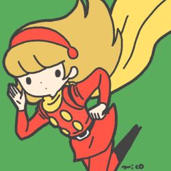 1girl belt black_belt black_boots blonde_hair boots buttons coat cyborg cyborg_009 dynamic_pose francoise_arnoul hairband highres long_hair looking_at_viewer pants parirobo red_coat red_hairband red_pants running scarf soldier solid_oval_eyes upper_body yellow_scarf