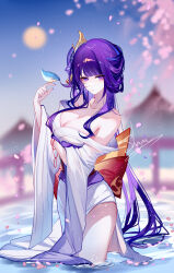 1girl arm_under_breasts artist_name bare_shoulders blue_sky blunt_bangs blurry blurry_background breasts cherry_blossoms chinese_commentary cleavage closed_mouth collarbone commentary_request dusk falling_petals flower full_moon genshin_impact hair_flower hair_ornament hand_up highres japanese_clothes kimono large_breasts light_particles long_hair looking_at_viewer moon nail_polish obi off_shoulder outdoors partially_submerged petals purple_eyes purple_hair purple_nails raiden_shogun sash sheya sky solo standing thighs very_long_hair water white_kimono wide_sleeves
