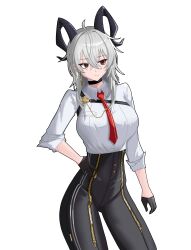 1girl absurdres black_choker black_eyes black_gloves black_horns black_pants breasts chest_harness choker closed_mouth collared_shirt commentary curled_horns earrings gloves grey_hair hair_between_eyes hand_on_own_hip harness high-waist_pants highres horns jewelry key_earrings large_breasts long_hair looking_to_the_side multicolored_eyes necktie no_jacket pants red_eyes red_necktie shimo_(shimo_ha) shirt simple_background solo two-tone_eyes white_background white_shirt wuthering_waves zani_(wuthering_waves)