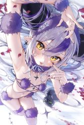 1girl :p arm_up armpits arms_up bare_shoulders bikini bird black_bird black_nails blush bow bra breasts breasts_apart cape closed_mouth collarbone cosplay demon_horns double_bun earrings fang fang_out feathers fingernails fur fur-trimmed_cape fur-trimmed_legwear fur_collar fur_trim hair_between_eyes hair_bun highres hololive horns jewelry la+_darknesss long_fingernails long_hair looking_at_viewer lying mash_kyrielight mash_kyrielight_(dangerous_beast) mash_kyrielight_(dangerous_beast)_(cosplay) misekiss multicolored_hair nail_polish navel on_back panties pointy_ears purple_bikini purple_bow purple_bra purple_hair purple_headwear purple_nails revealing_clothes sidelocks small_breasts smile solo star_(symbol) star_earrings stomach streaked_hair swimsuit tail thighhighs thighs tongue tongue_out twintails underwear upside-down virtual_youtuber yellow_eyes