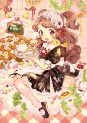 1girl :d ^_^ animal animal_on_shoulder apron bird bird_on_shoulder blush bow brooch brown_hair cake cake_slice carrying chalkboard closed_eyes cloud cup dress female_focus food fork hair_bow hairband jam jar jewelry knees_together_feet_apart lolita_hairband long_hair looking_at_viewer macaron maid maid_apron maid_headdress mary_janes menu mokarooru omelet omurice on_cloud open_mouth original over-kneehighs pale_color pink_thighhighs plant puffy_short_sleeves puffy_sleeves red_eyes ribbon saucer shoes short_sleeves sitting smile solo spoon teacup teapot thighhighs tray two_side_up vines