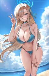 1girl absurdres alternate_costume asuna_(blue_archive) bare_shoulders beach bikini blonde_hair blue_archive blue_bikini blue_eyes blue_halo blue_nails blue_sky blush breasts cleavage cloud collarbone commentary_request day earrings fingernails grin hair_over_one_eye halo hand_on_own_leg highres jewelry large_breasts leaning_forward lnji_(rnlwls34) long_hair looking_at_viewer mole mole_on_breast nail_polish navel o-ring o-ring_top outdoors side-tie_bikini_bottom sky smile solo stomach sunlight swimsuit very_long_hair water