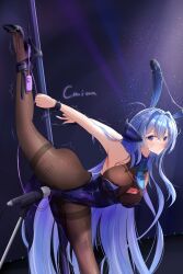 1girl absurdly_long_hair animal_ears arm_strap azur_lane bent_over bodystocking breasts chinese_commentary cleavage commentary_request fake_animal_ears flexible high_kick highres jzby kicking large_breasts leg_lift leg_up leotard long_hair new_jersey_(azur_lane) new_jersey_(exhilarating_steps!)_(azur_lane) official_alternate_costume pantyhose playboy_bunny pole pole_dancing purple_leotard rabbit_ears remote_control_vibrator see-through_cleavage see-through_clothes sex_toy solo split standing standing_on_one_leg standing_split strapless strapless_leotard stripper_pole tally thighband_pantyhose v very_long_hair vibrator vibrator_under_clothes